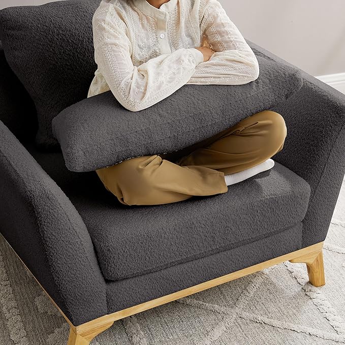 Large-Sized Accent Chair, Thick Cushion Bedroom Reading Chair, Comfortable Living Room Single Sofa, Boucle Dark Gray