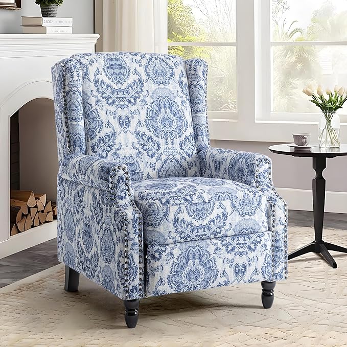 UIXE Floral Pushback Recliner Chair, Fabric Upholstered Armchair Push Back Accent Chair for Living Room, Rivet Trim Club Chair Home Theater Single Sofa Reading Seat - Navy Blue