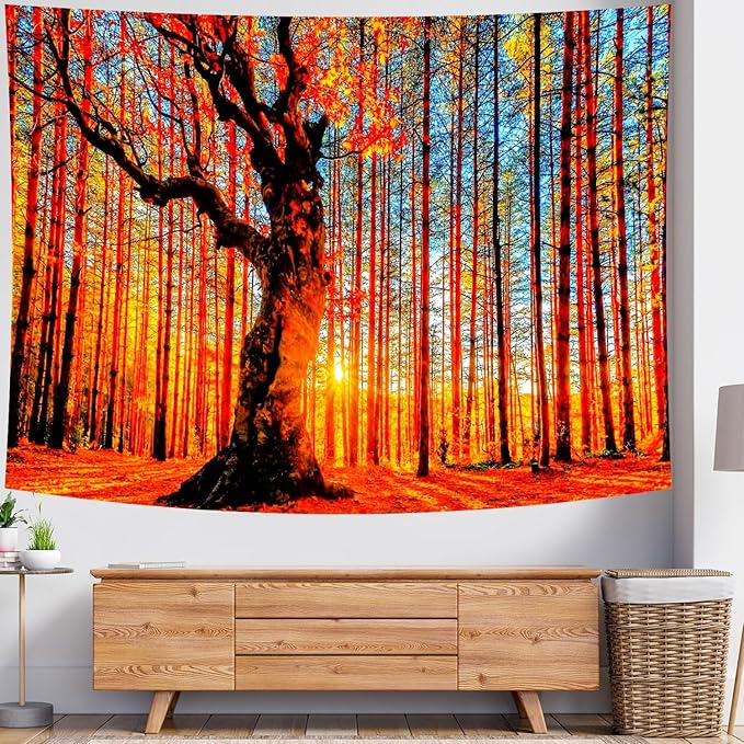 Delur Sunset Forest Tapestry Tree of Life Tropical Rainforest Landscape Tapestry Wall Hanging Scenic Nature Woodland Natural Sunrise Headboard for Bedroom Living Room Home Decor (51.2" x 59.1")