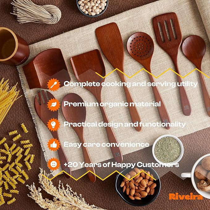 Riveira Set of 9 Premium Brown Bamboo Cooking Utensils - Bamboo Utensils for Cooking - Non-Toxic Utensils - Wooden Kitchen Set for Non-Stick Cookware
