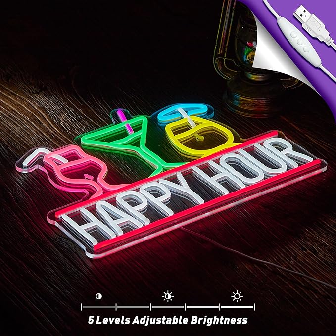Happy Hour Neon Sign for Wall Decor Beer Bar Signs, USB Powered Dimmable LED Art Lights for Bar Pub Man Cave Party Club