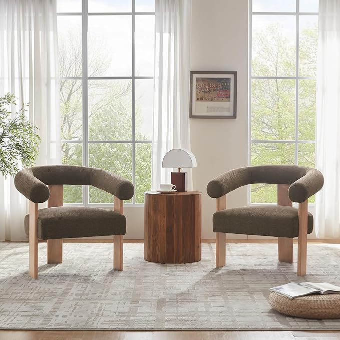 VKNOW Accent Chair Living Room Chair, Modern Upholstered Armchair with Solid Wood Legs, Comfy Barrel Arm Chairs for Living Room Bedroom, Brown