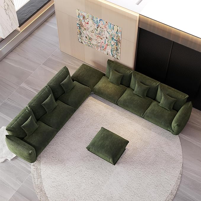 Modern Minimalist Chenille Modular Sectional Sofa, Oversized 8-Seater Sleeper Sofa with Movable Ottoman, Thick Cushions, Upholstered Couch for Living Room, Bedroom, Office, Apartment(Green,8-Seater)
