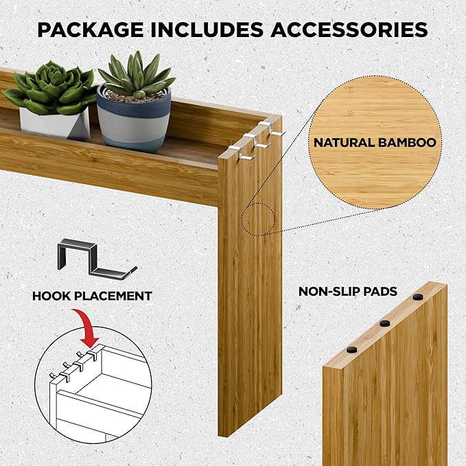Edgecrest Bamboo Over The Stove or Sink Modern Spice Shelf, No Annoying Middle Screw, 31.5โ Wide Storage, 11.4โ High Countertop Shelf, 6 Side Hooks, Easy to Assemble, Eco-Friendly Durable Material