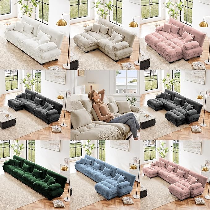 Modular Sectional Sofa, Comfy Cloud Couch 4 Seater Couch with Ottoman, Sectional Couches for Living Room, Modern Chenille L Shaped Couches, Sleeper Deep Seat Sofa with Throw Pillows, Blue