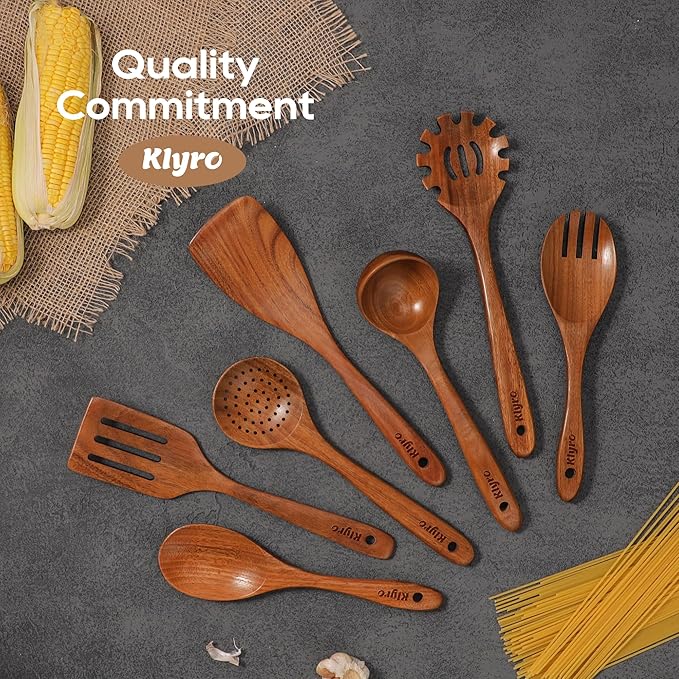 Kitchen Utensils Set, 7 Piece Premium Cooking Utensils Set, Durable Non-Stick Wooden Spoons for Cooking, Kitchen Essentials for New Home