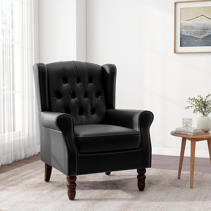 Accent Chair, Upholstered Armchair with Button Tufted High Back & Solid Wood Legs, Comfy Wingback Reading Single Sofa Chair for Small Spaces, Living Room, Bedroom (Leather Black, Set of 1)