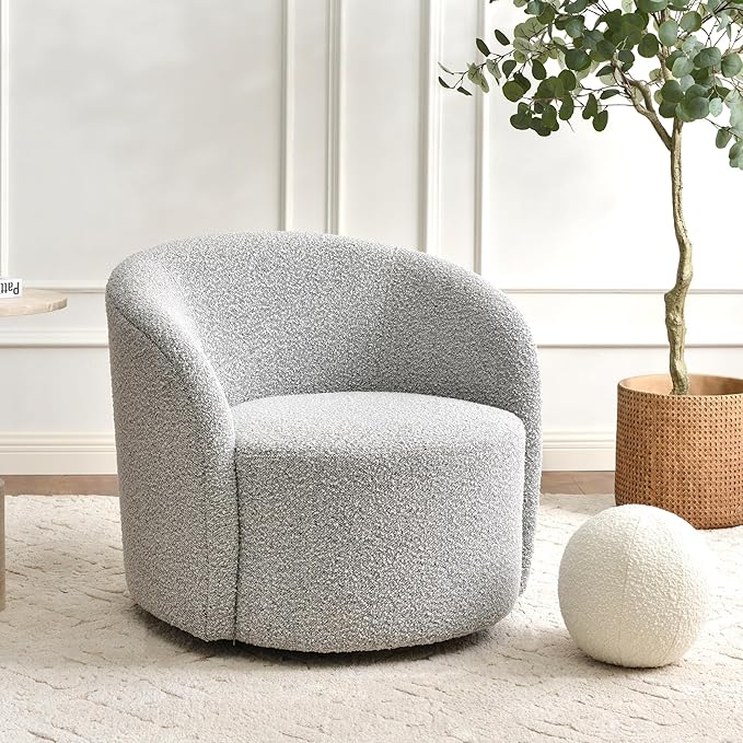 KINWELL Sherpa Swivel Barrel Chair & Round Ball Pillow Set - 34" Wide Modern Boucle Accent Chair with 9” Matching Nordic Decorative Throw Pillow for Living Room and Bedroom(Black White)
