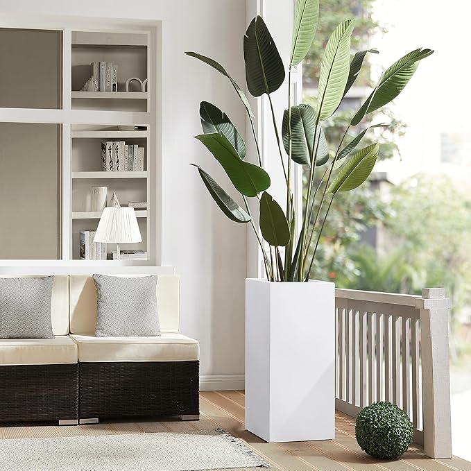 Metallic Heavy Large Planter Box for Outdoor or Indoor, Tall Metal Planters, Rectangular Flowerpot for Front Porch, Garden, Patio 25Pounds Pure White, No Assembly 1 Pack