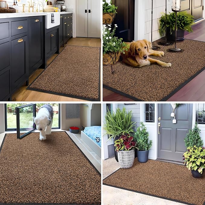 Mibao Front Door Mat, Dirt Trapper Welcome Mat for Outdoor Indoor, Non-Slip Waterproof Doormat, Durable Machine Washable Low Profile Entry Rug for Back Door Outside Patio Porch, 48" x 24", Brown