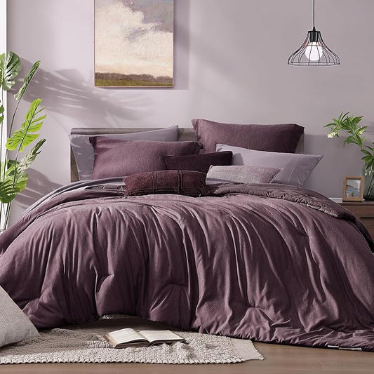 Monbix Full Size Comforter Set, Italian Plum Bedding Comforter for Full Size Bed Set Reversible, Bedding Sets Full 7 Pieces, Cationic Dyeing Bed in a Bag with Comforter, Sheets, Pillowcases & Shams