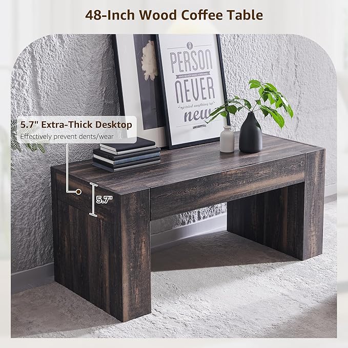 OKD 48" Modern Farmhouse Coffee Table, Wooden Living Room Table with Hidden Storage Drawer, Rustic Rectangular Center Tables w/Wood Thick Design for Living Room, Office, Dark Rustic Oak