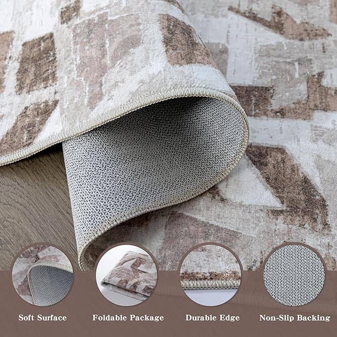 Modern Abstract Door Mat Indoor Entrance 2X3 Brown Rug Washable, Non-Slip Small Rugs for Entryway Bathroom Ultra-Thin, Throw Carpet for Kitchen Bedroom Nursery Kids Print Faux Wool