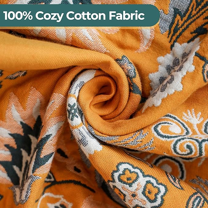 Boho Throw Blanket for Bed,100% Cotton Ultra Soft Lightweight Muslin 4-Layer Breathable Woven Throws 90''x 98'' Blanket Yellow Floral Printed Farmhouse Decor Bed Blankets