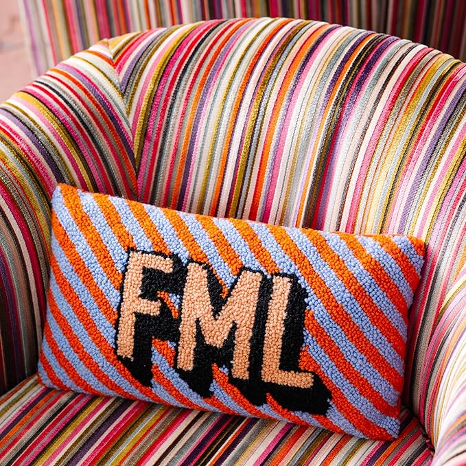 FURBISH Hook Decorative Throw Pillow - FML - 9"x16" - Small Embroidered Designer Pillow for Living Room, Couch, Sofa, Chair & Bed - Eclectic Home Decor