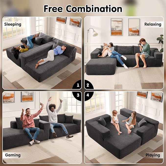 ovios 104" Cloud Sectional Couch with L-Shape Chaise,Modern Modular Sofa with Deep Seat, Upholstered Couches for Living Room Bedroom,No Assembly Required, Grey (Corduroy Fabric)