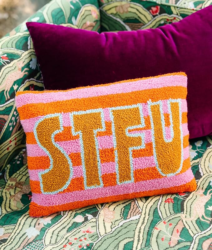 FURBISH Hook Decorative Throw Pillow - STFU - 12"x16" - Small Embroidered Designer Pillow for Living Room, Couch, Sofa, Chair & Bed - Eclectic Home Decor