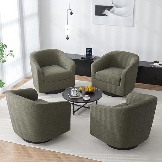Swivel Barrel Accent Chair, Modern Round Chenille Fabric Arm Chair for Living Room, Bedroom, Comfy Club Reading Chairs for Adults(Chenille Fabric, Tan, Set of 4