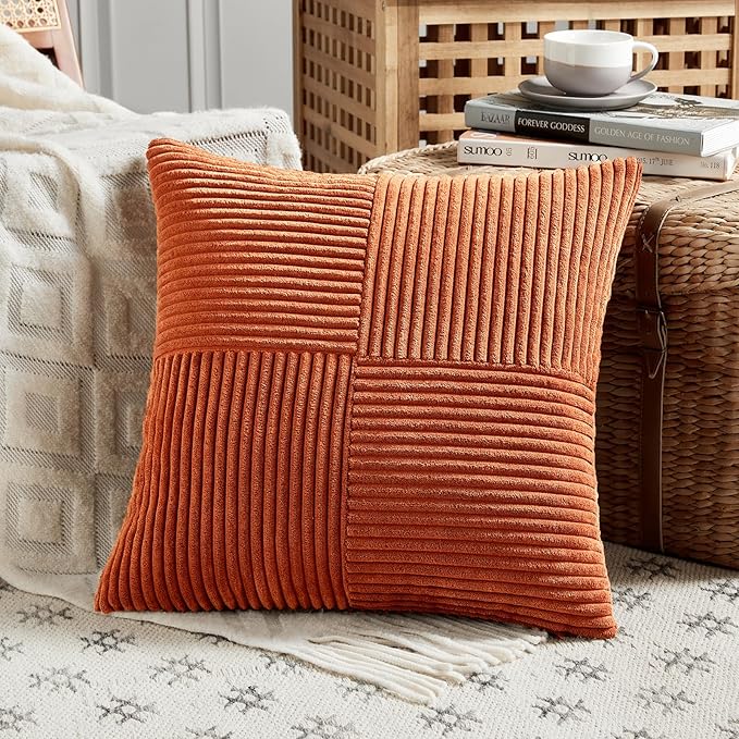 Fancy Homi Set of 2 Burnt Orange Decorative Throw Pillow Covers 18x18 Inch for Living Room Couch Bed, Boho Farmhouse Fall Home Decor, Soft Textured Corduroy Corss Patchwork Cushion Case 45x45 cm