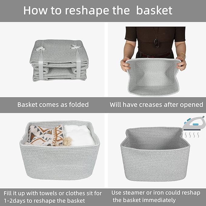 Cotton Rope storage Basket Bins Woven Basket for Organizing Shelves 14.5X9.5X9.3“ Rectangle Decorative Baskets For storage Clothes Toys Books Towels Square Wicker Nursery basket organizer 3 pack grey