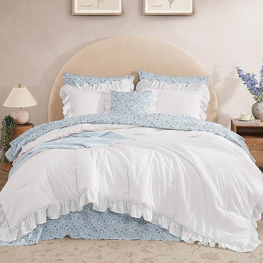 King Comforter Set - 7 Pieces Ruffle White Bedding Sets, Shabby Chic Farmhouse Bed in a Bag King with Ruffle Comforter, Floral Sheets, Pillowcases & Shams