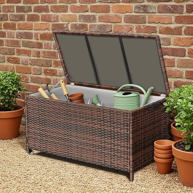 HOMREST Large Deck Box, Outdoor Wicker Storage Container with 70 Gallon, Patio Rattan Furniture for Garden Tools, Pillows, Pool, Brown