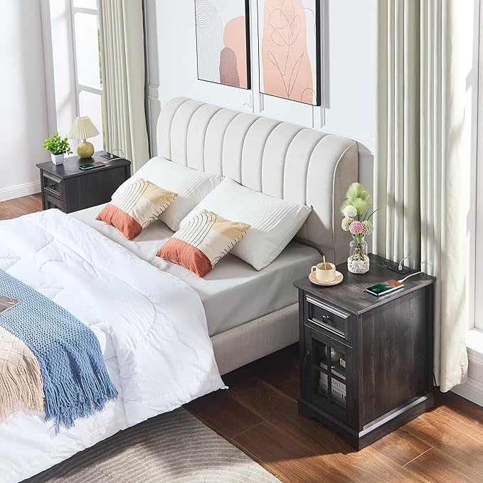 Farmhouse XXL End Table with Charging Station, Side Table with USB Ports and Outlets, Nightstand with Drawer and Glass Door Storage, Grey Bedside Tables for Living Room, Bedroom, Office