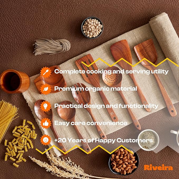 Riveira's 9-Piece Dark Brown Kitchen Essentials Wooden Cooking Utensils Set - Complete Kitchen Utensils Set for Gourmet Results