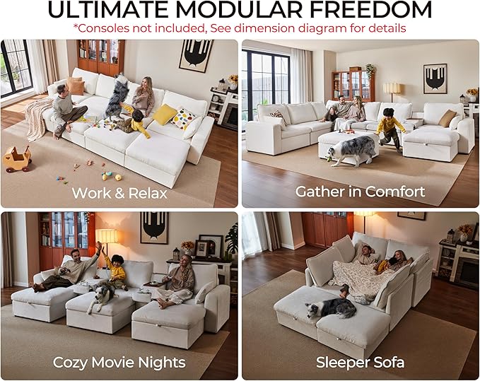 Oversized Modular Sofa Comfy Cloud Couch with Storage, Extra Deep Plush Sectional Sofa Set for Living Room, Covers Washable, Chenille, Olar (White, 3-Seater, Basic Shape)