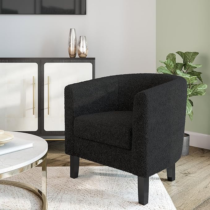 BELLEZE Living Room Chairs Set of 2, Teddy Polyester Accent Barrel Chairs, Club Tub Sofa Chairs for Bedroom, Corner Chairs with Flared Legs and Cozy Soft Padding - Highland (Teddy Black)