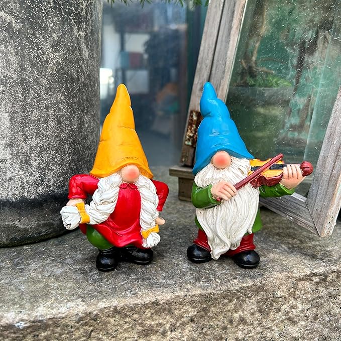 Garden Gnome Duo Decorative Figurines 5.5“ Ornament for Indoor Outdoor Home Garden Decor,Musical Violin Player and Dancing, Colorful Outdoor Statues, Set of 2