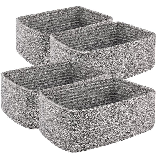 4 Pack Small Storage Shelf Baskets for Organizing, Mini Woven Rope Storage Bins for Towels, Cute Decorative Closet Organizer,Baby Nursery, Gift Empty Baskets -11.81''Lx7.87''Wx4.72''H-Grey