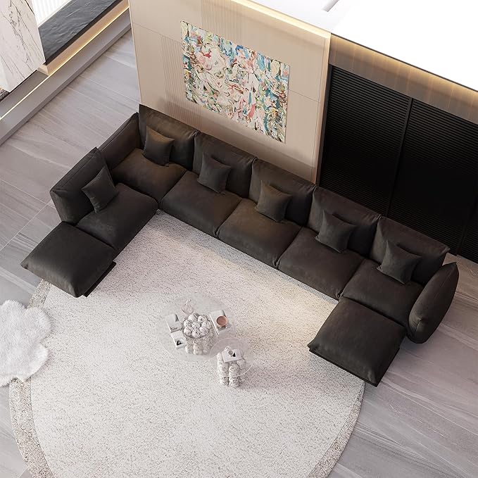 Modern Minimalist Chenille Modular Sectional Sofa, Oversized 8-Seater Sleeper Sofa with Movable Ottoman, Thick Cushions, Upholstered Couch for Living Room, Bedroom, Office, Apartment(Black,8-Seater)