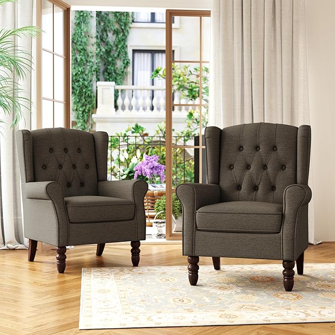 Accent Chair, Upholstered Armchair with Button Tufted High Back & Solid Wood Legs, Comfy Wingback Reading Single Sofa Chair for Small Spaces, Living Room, Bedroom (Taupe, Set of 2)