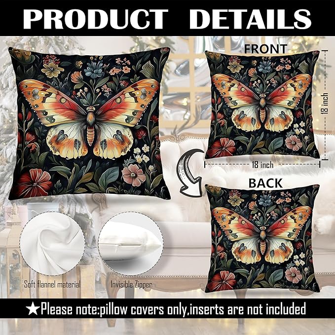 Colorful Floral Butterfly Pillow Covers 18x18, Retro Dark Cottagecore Wildflower Botanical Moth Decorative Throw Pillow Covers for Bedroom Living Room Home, Butterfly Room Decor