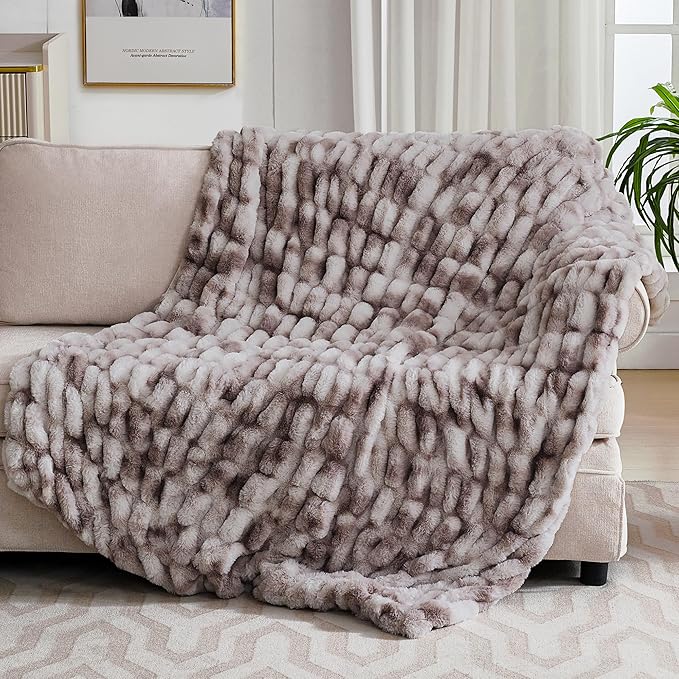 Ultra Soft Luxury Faux Fur Throw Blanket for Counch,Fuzzy Fluffy Plush Warm Cozy Elegant Wrinkled Blanket for Sofa Bedroom Living Room,(50"x60",Tie-dye Taupe)