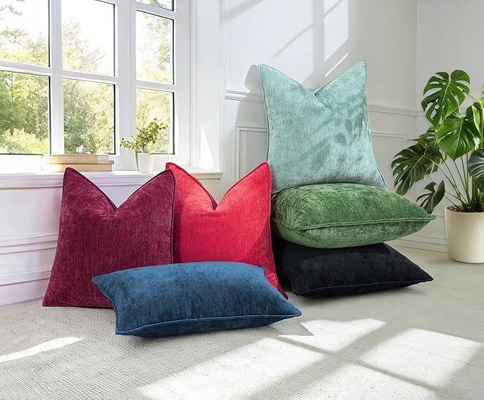 decorUhome Christmas Couch Throw Pillow Covers 20x20 Set of 2, Decorative Soft Euro Neutral Chenille Pillow Covers with Elegant Design for Sofa Bed Living Room Home Decor, Red