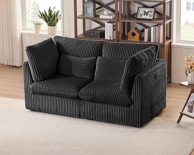 Oversized Modular Sofa, Extra Deep Cloud Corduroy Sectional Couch with Ottoman Chaise, Fluffy Corduroy 2 Seater Sofa Bed for Living Room, Villa (Loveseat Sofa, Corduroy Black)