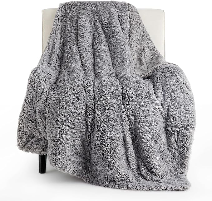 Bedsure GentleSoft Fuzzy Sherpa Faux Fur Twin Blanket Grey Cozy Gifts for Women Men, Soft Fleece Plush Warm Minky Thick Blanket Twin Size for Bed, Couch, Dorm Essentials Grey Room Decor Gifts, 60x80