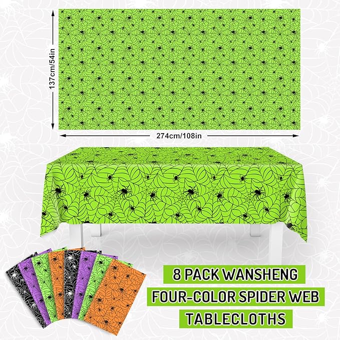 Whaline 8 Pcs Halloween Plastic Tablecloths Colored Spider Web Disposable Table Cover Spiderweb Rectangle Table Cloth for Trick or Treat Holiday Party Decor, 54 x 108 Inch