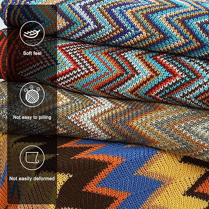 Boho Throw Blanket - Bohemian Fringe Tassels, for Bed Couch Soft ChairBlanket Double Sided (50"x70") (Blue)