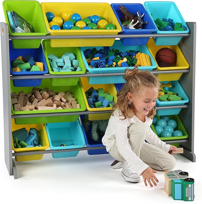 Humble Crew Supersized Toy Storage Organizer with 16 Removable Bins, Grey/Blue/Green/Yellow – Large Toy Storage for Toddlers Ideal for Kids' Rooms, Playrooms, and Nurseries - Modern Toy Bins for Kids