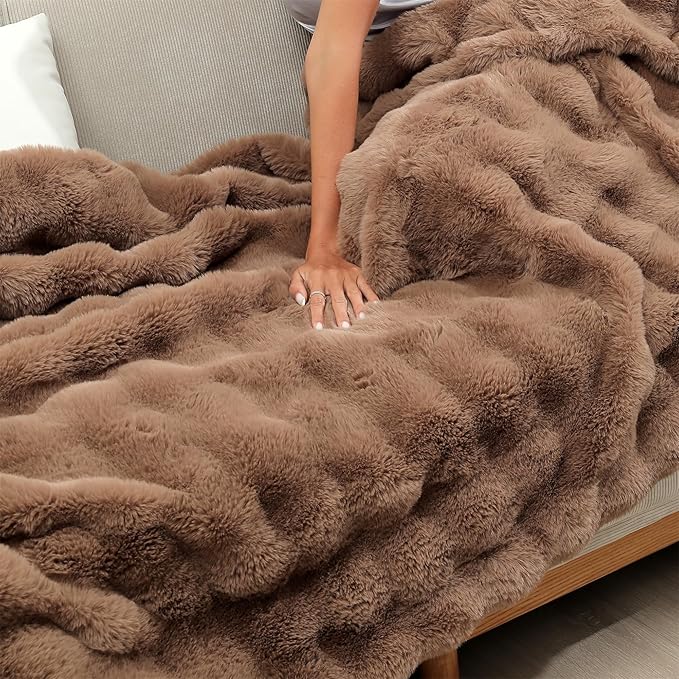 RYNGHIPY Faux Rabbit Fur Throw Blanket Ruched Plush Fuzzy Blanket for Couch Bed Sofa Heavy Warm Comfy Throws for Living Room Bedroom Machine Washable (Solid Brown, 51''x63'')