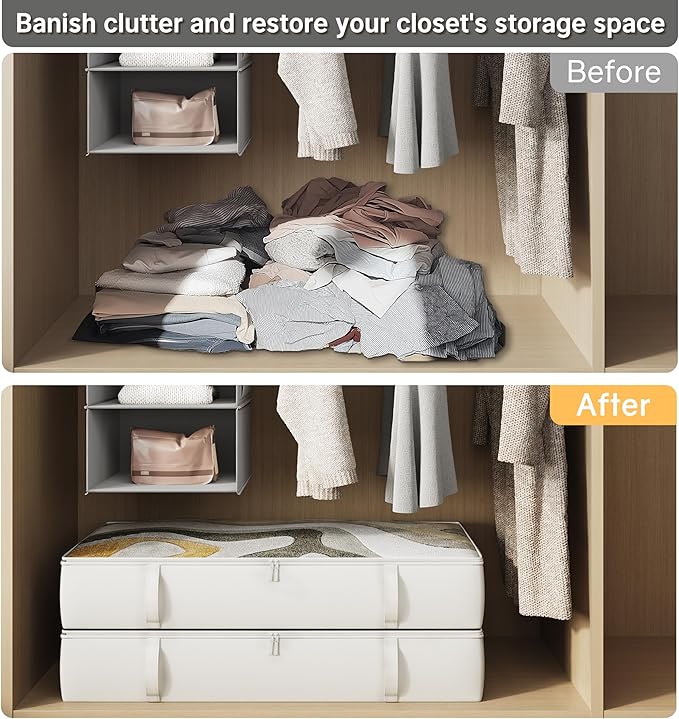 2-Pack Under Bed Storage, 6 Inches Tall Closet Organizers and Storage Bins with Sturdy Sidewalls/Bottom/4 Handles, Beige