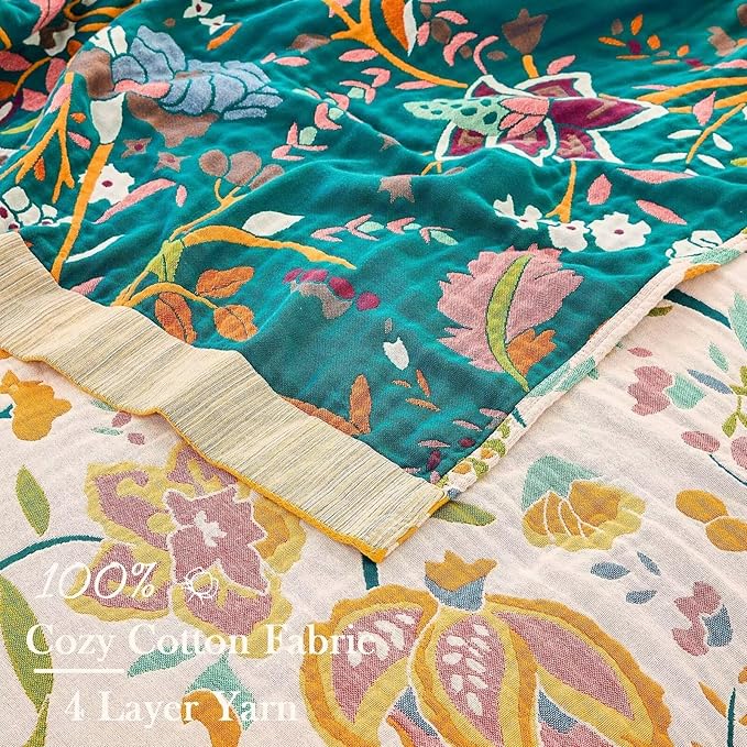 Boho Throw Blanket for Bed, 100% Cotton Soft Rustic Quilt Fall Blanket, 60"x80" Floral Printed Farmhouse Decor Bed Blankets, All Season Rustic Reversible Bohemian Throw Quilt