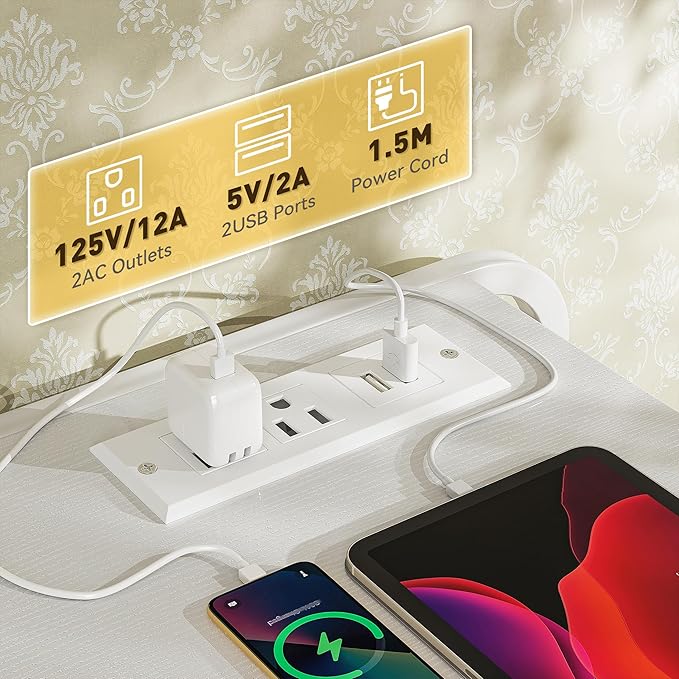 TV Stand for Bedroom with LED Lights & Charging Station, 7 Drawer with Open Shelf, Media Console for Living Room & Chest of Drawers for Closet, Entryway, Hallway, 4 Hooks, White