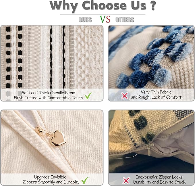 Boho Chenille Tufted Couch Throw Pillow Covers 18x18 Inch Set of 2 Farmhouse Striped Decorative Pillow Covers Accent Neutral Pillowcase Black Cushion Cover for Living Room Sofa Bed