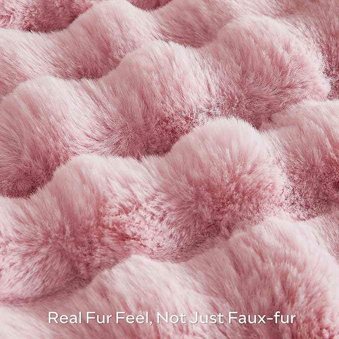 JELLYMONI Faux Fur Throw Blanket, Pink Cozy Plush Bubble Bed Blanket, Thick and Warm, 50" X 60"
