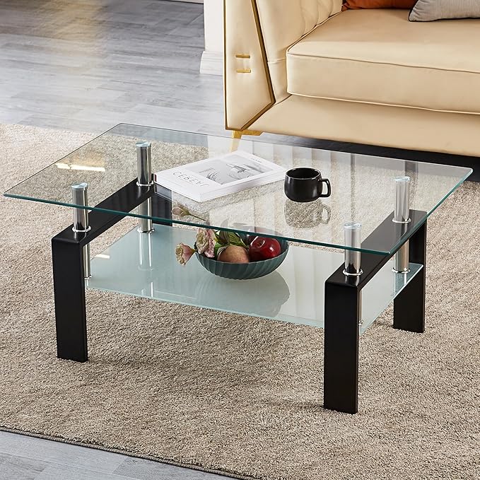 Glass Coffee Table for Living Room, 2 Layer Center Table with Clear Rectangle Tempered Glass Top Black Metal Leg, Mordern Home Office Furniture