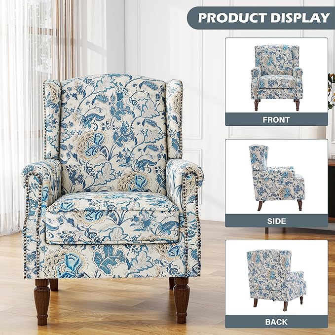 UIXE High Back Floral Accent Chairs Set of 2, Upholstered Armchair in Fabric, Retro Printed Wingback Arm Chair for Living Room, Nailhead Trim Single Sofa Bedroom Reading Seat - Boho Blue